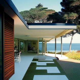 hyper realistic eye level exterior photo of a mid century modern style house overlooking the ocean, daylight, indirect lighting, AD magazine, Frank Lloyd, Eames, Mies van der Rohe