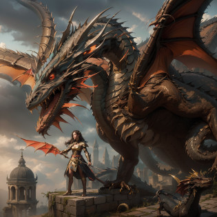 (Numerous award-winning masterpieces, with incredible detail, textures and maximum detail), (hyper realistic:1.4), (european style black dragon), (european style red dragon), (european style dark brown dragon),  (Dragon Tamer and European style dragon 2 shot full body photo: 1.8), (realistic:1.3), (upper body up:0.3), (best quality real texture skin), (finely detailed true circle eyes), (finely Detailed and beautiful face:1.6), ((medieval world)), (dragon tamer:1.6), (big trained european style dragon: 1.8), (Full-length portrait:1.5), (Dragon's eyes glow strongly from the inside), (tamer has joy in her eyes and a happy smile on her face: 1.3), (Dragon Tamer and European style dragon 2 shot full body photo: 1.8), (Dramatic Light), (A majestic sight), (simple, small whistle of fine workmanship hangs from the trainer's neck), (european style dragon with big wings behind shoulder: 1.8), (Tamers wear sturdy leather armor with elaborate patterns: 1.2), Earrings with a sacred atmosphere of refined craftsmanship, Followed by little european style dragon behind, (((dramatic photo))), ((dramatic pose)), (flamboyant photo), ((looks up)), ((looking down)), (gives full-body standing image:1.5), Old ruins infested with plants, great temple, great cathedral, great shrine, temple ruins, detached temple, Ruins of an ancient castle, Deserted ruins, crumbling ruins, Ancient ruins with clear water, wavelets, running water Shining majestic cloud masses and sky, epic realistic, faded, art, (Greg rutkowski:0.8), (teal and orange:0.4), (art station:1.5), cinematic, ((neutral colors)), (hdr:1.5), (muted colors:1.2), hyper detailed, dramatic light, (intricate details:1.1), complex background,