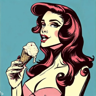 An illustration of a beautiful woman eating an ice-cream, domina, color style of Mike Allred