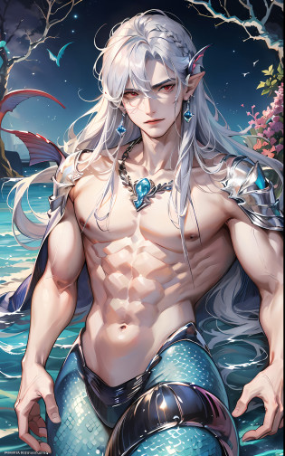 man, masculine, masculine face, attractive, muscular, (((1man))), masterpiece, absurdres, best quality ,intricate details , (shiny skin, shiny body, shiny oily luster skin, shiny hair, pale skintone), Sundown, attractive, ((muscular)), adult, one, earrings, Don't look at the view , Not looking at the view, silver hair, braided hair, perfect detailed face, perfect detailed hands, triton, fins, red eyes, triton ears, ((portait)), smirk, marine sea ornaments, open chest, ((mermaid tail)), no legs, under the sea, fishes, masculine features, masculine face, (((night))), moonlight, darkness, dark light