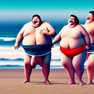 High resolution photography overweight people dancing happy at the beach, cozy atmosphere; 8k, intricate detail, photorealistic, realistic light, wide angle