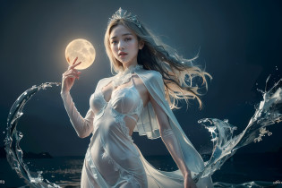 ((Best quality, 8K, Masterpiece:1.3, 1 girl, Beautiful girl, highres)), Cute, Dynamism, Detailed face, Detailed skin, Detailed eyes, Detailed lips, Detailed fingers, Detailed mouth, Photorealistic, Raw photo, Natural lighting, dynamic pose, perfect anatomy, round buttocks, round eyes, moist lips, (floating water:1.4, floating liquid:1.4, wave:1.4, dancing water:1.4, water background), looking at viewer, very long hair, clear colored hair, hair made of water, body made of water, dress made of water, detailed dress, lighting, goddess, light particles, shining water, paper cut, illustration, portrait, navel, fairy tale, detached water sleeves, long sleeves, cape made of water, big breasts, spirit, girl made of Fullwater, girl made of water, she is manipulating water, japanese girl, stars, moon, close up, upper body, hair ornaments, accessories, transparent hair