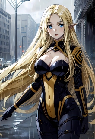 <lora:alpha:0. 8>, single girl, solo, elf, upper body, very long hair , bangs, blonde hair, long hair, parted bangs, blue eyes, breasts, medium breasts, cleavage, open mouth, pointy ears, bodysuit, damp, wet, outdoors, city, (dimly lit:1. 3), rain, wind, sharp focus <lora:add_detail:1>, <lora:epiNoiseoffset_v2:1>, 16k, UHD, HDR, (Masterpiece:1. 5), (best quality:1. 5)