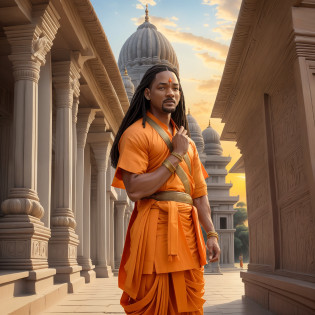 Ultra detailed, realistic, masterpiece, award winning picture,will Smith, orange dhoti,long hair ,Hindu religion,prey of God , detailed face ,as a Hindu person, temple,river ,sunset,like a priest, big eyes, black face ,close eyes and ,prey of lord ram --auto --s2