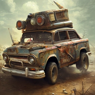 Painting, Post-apocalyptic Car, artstation, sharp, highly detailed, cinematic lighting, Arnold Newman Richard Scarry