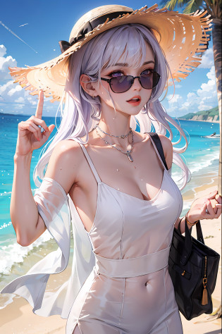 (masterpiece:1.2, best quality), (1lady, solo, upper body:1.2), Clothing: white see-through maxi dress, wide-brimmed hat, strappy sandals, Accessories: shell necklace, purple sunglasses, Hair: loose beach waves, white hair, Makeup: natural, glowing skin, Behavior: relaxed, carefree, free-spirited, Location: beach, resort, outdoor festival, purple eyes, average breasts, soaking wet