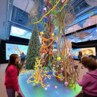 The exhibition hall is filled with colorful exhibits, featuring a variety of games and interactive devices that catch the attention of children. As you enter the hall, you'll see a massive tree-like structure with branches adorned with all kinds of toys and small gifts. Beneath the tree is a small lake, where jellyfish-like light installations float on the surface, creating a dreamy crystal ball effect. On the other side of the exhibition hall, there's an area filled with marine creatures, featuring a huge whale statue that visitors can enter. A large projection screen hangs on the wall, showing vibrant cartoons and music videos, adding to the excitement of the children. The entire exhibition hall is full of joy and vitality, making it a fun-filled and playful place.