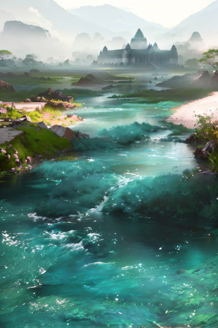 There is a river in the rainforest?Lots of trees on both sides of the river, At the end of the river is Angkor Wat?painterly concept art, 8k resolution digital painting, 8 k resolution digital painting, vibrant water river, Unreal Engine Digital Painting, Relaxing concept art, beautiful digital painting, Gorgeous digital painting, river with stunning water, highly realistic concept art, Stunning! concept-art, environment painting, river with low hanging plants