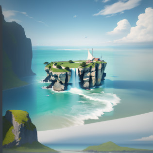 Island view with waterfall and sailboat, flying islands, epic matte painting of an island, space ship above an island, Flying Island in the Sky, high quality desktop wallpaper, flying rocky island, an island floating in the air, amazing wallpapers, floating and flying island, Floating island, island floating in the sky, A floating island in the sky