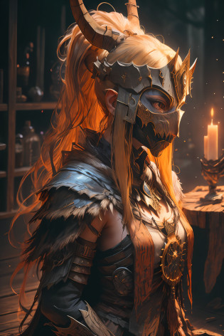 sh4g0d,
girl shaman, wearing mask made of wood, portrait, kneeling, dark blonde straight long hair, great details and colour