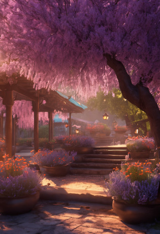 Pots of lavender amid flowering gazebos with children playing and candles scattered in the afternoon light with cherry tree petals falling from the branches , casas de madeira no fundo