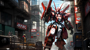 there is a robot standing in a city street with a building in the background, an anime large mecha robot, modern mecha anime, giant anime mecha, anime concept hdr anime macmanus, cool mecha style, mecha anime, mecha art, red mech, japanese mecha, anime mecha aesthetic, cyberpunk anime girl mech, mecha asthetic