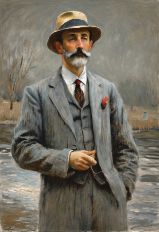 author?Claude Monet, author?Claude Monet, Claude Monet), Monet paintings, Monet style, author?Monet, Impressionist art, Monet style, Monet painted, author?Blanche Hoscheid Monet, Impressionist style, Charles S.., impressionist drawing, French Impressionism, Claude Monet style, impressionist drawing, Impressionistic style, impressionist drawing?Allad man in suit stands with his arms crossed, grey suit, distant full body view, 3 / 4 Look from behind, standing elegant pose, high quality suit, doing an elegant pose over you, centered full body rear-shot, subject detail: wear suit, full height view, Business suit, Man standing, highly professionally detailed
