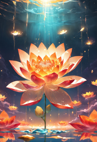 Enlightened mind, Red tones from orange to gold. About the rainbow color lotus flower, And float on transparency, Transparent water, Gold gradient background with light transparency. Golden energy flowed out of the flower core.