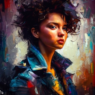 colourful abstract brush strokes, paint full body portrait of perfect girl, curly short hair, in a robot jacket, chiseled cheeks, tearful eyes, domina, eye bags, 1980, square jaw, dark lines, some scribbling, head and shoulders, snow, sloppy, oil painting, cast in shadow, acrylic, sketch, heavy lines, HDR Neo-Noir style, retro-cyberpunk, mafia