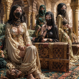 in a panoramic view?photorealestic?Full body like?In coastal cities?Modern luxury Arabian slave market?Slave girls monopolized the market?Six masked Arab slave girls were tied to the podium?binding?enslavement?Gaggage?bound waist?Blindfolded?handcuff?anklet?For people to choose?Luxury carpets?tapestry?Arabian luxury d�cor?Many Arab masked beauties?All Arab Beauty employees?All-Arab female guests?Masked woman in background opens wooden box?Drag out the bundled one?Slave girl trapped in a wooden box?A row of veils and masks on a luxury booth?Beautiful women wearing only underwear wear wear gorgeous burqas?There are female guests wearing veils?The masked female boss introduced on the side?All masked? Cinematic texture
