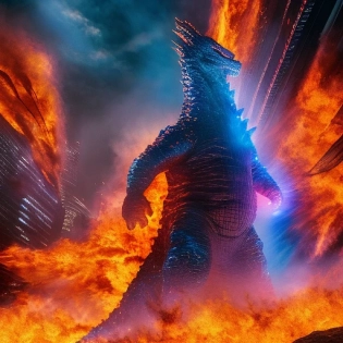 Godzilla transforms into Mega Godzilla in incendiary display of fire enveloping bending to his will, vibrant colored flames flow together in a complementary way. spectacular spontaneous perfection texture, organic, professional photography, Hasselblad camera, hyper - realistic, Intricate fine details, UHD, HDRI, blender rendering