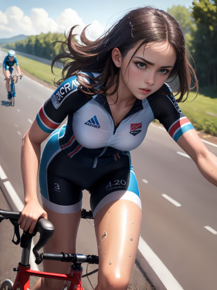 ((masterpiece)),((high resolution)), dramatic lighting,  sharp focus,  16k uhd,
super realistic illustlation,1beautiful girl,road bicycle race uniform,teenage girl ride on bicycle,small head ,large breasts,white shirts translucent,shiny skins,nice legs,wet skins sweat,in road bicycle race,dynamic shot