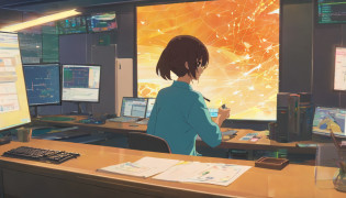 There was a man sitting at his desk?There are two computer monitors, sitting in front of the computer, sitting in front of the computer, looking at monitor, Displays a stock chart, sitting at a computer desk, in front of a computer, Trading, Trade stocks,