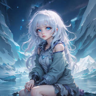 Sit on an iceberg, Look up at the purple starry sky, White hair, Blunt bangs, hair over shoulders, Asymmetrical bangs, Big hair, ribbon, aqua eyes, Anime, god light, god light, god light, f/4.0, Long-range, hyper HD, retinas, Masterpiece, High details, Textured skin ?Characters are smaller?Background iceberg zoomed?Cold?Royal sister