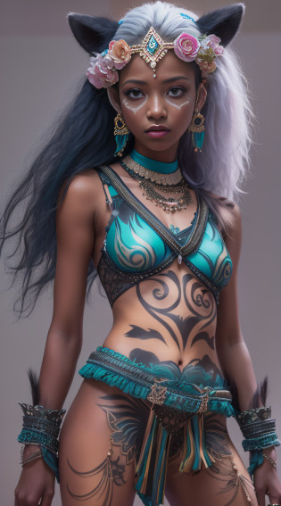 32k, total nude full body view from head to toe of black skin asian face young skinny petite woman, ((without clothes, black skin, absolutely nude, small boobs)), very beautiful tribal raccoon sexy skinny young 20 yo woman with excessive intricately detailed vivdly colorful facepaint bodypaint makeup, stunning radiant teal eyes, gorgeous white hair with pink highlights, magical night sky background, (total nude) full length body shot, trending on artstation, sharp focus, studio photo, intricate details, highly detailed, 32K resolution, perfect composition, perfect face, ultra detailed