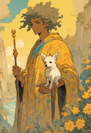 a close up of a tarot card with a man holding a stick, bundle of clothes, the fool tarot card rider waite, tarot card the fool, the fool tarot card, art for the fool tarot card, the fool tarot illustration, the fool tarot, rider-waite tarot, old-fashioned tarot card, as a tarot card, tarot card, the fool, yellow sky background, blue mountais background, sun at the background, black mantle with yellow flowers, white little dog at his left, blonde hair, at the cliff, white flower in his left hand