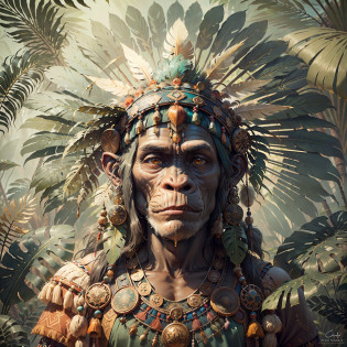 Chimpanzee ((Indian Shaman)),,((meditative state),,Shaman, elegant chimpanzee, hair with details, with Indian headdress on head, ((meditating)) many colorful feathers, colorful feathers, facing the camera, detail: dense tropical foliage, highly detailed intricate, ((masterpiece)), ultra hyperrealistic, masterpiece