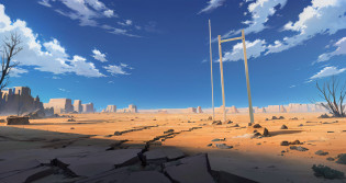 There is a picture of a desert with rocks, cracked ground?Rock piles?expansive view?in a desolate empty wasteland, overlooking a desolate wasteland, arena background, background environment. 8 k'', random background scene, Anime landscape, barren wasteland, game environment, distant background, Desolate empty wasteland, videogame background, Desert environment, Desolate wasteland, Anime background art, scenic dystopian environment?Ultra HD?Strong sunny atmosphere?There are two dead trees?Dead yellow grass