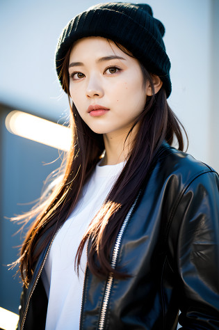(8k: 1.27), top quality and beautiful sci-fi warrior female spacesuit photo, feminine atmosphere, (beanie: 1.61), (leather jacket: 1.21) intricate and elegant, Art Nouveau geometric pattern, gradient lighting, beautiful detail depiction, female perspective.