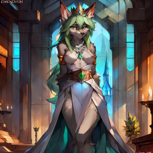 Solo, female, (((by foxovh, by Einshelm, by darkgem, by mystikfox61, by honovy))), ((hair, snout)), long wavy pale green hair, silver fox, pale green eyes, black nose, tall, long legs, slim, slender, medium breasts, in a silver palace, facing viewer, detailed eyes, (((silver crown, silver necklace, silver jewelry))), frowning, sharp eyes, dramatic lighting, ((silver castle, silver and green throne, silver gown, green gem, royal garb, princess, grey fur, silver fur)), standing, hands behind back, annoyed, frowning, angry, looking down at viewer