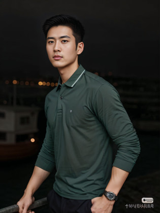 An Alafard man in a green shirt stands in front of the boat, in a dark green polo shirt, Inspired by Zhang Han, inspired by Adam Dario Keel, South Korean male, hyung tae, handsome chad chin, in a dark teal polo shirt, siwoo kim, Wearing a polo shirt, inspired by Kim Eung-hwan, Official product image, Hong Junheng retinal screen?Vertical painting shadows?Perspectiva subjetiva?atmospheric distance sense?hyper HD?Textured skin?HighestQuali?high detal?The eyes are bright and alert?Ray traching?Multiple monochromes?Cinematic lighting effects?Star temperament