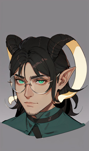 (tmasterpiece), (highly quality), (traits parfaits), (1 homme), Personnage d'anime avec cornes et lunettes ronde sur fond gris, Portrait d'un Tiefling avec cornes, Alchimiste Tiefling, (regard intimidant), homme mature, Portrait homme, lunettes avec ses branches blanches, (Man-Aries), (ram's ear), rounded ram horns, detailled eyes, cornes noires sur le dessus et blanches sur le dessous, (Tanned complexion), (Yeux verts), (cheveux noirs mi-longs), wears a dark green collar top, pas de sourire, regarde le spectateur, Breathtaking details, (Light beard on his lower jaw), (expression froide), (mouth closed), (yeux moins ouvert), (More serious air)