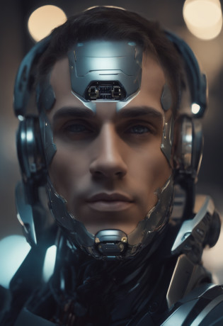 una obra maestra de un hombre ultrarealista muy detallada, con un traje y un cosco espacial de robot intrincado., with robotic parts on your face, El hombre con cabeza de robot, Retrato de un robot futurista, en estilo de beeple, robotic face, Cara cyberpunk, Robot con rostro humano, style hybrid mix of beeple, Retrato de un cyborg, Calle futurista dieselpunk, Estilo beeple, Retrato Hermosa Sci - FI hombre, ltra High Definition, Simple minimum. f/4, 16:9, 5 s ultra high definition, Kinematic,