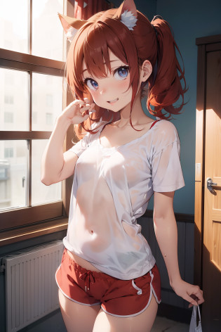 Cat girl, red hair, curly hair, short girl, cat ears, cute, wearing thin shorts, panties visible, yaebi teeth, happy, cheerful, sexy, short thin pyjama top, thin tank top, transparent top, yaebi, cat mouth, playful face, blue eyes, beautiful eyes, flat chest, accurate hands, realistic hands, loli, fitted pants, lovely, shy, blush, cute panties, short girl, innocent, white stockings, yaebi visible, smile, ashamed, transparent white shorts, wet shorts, thin shorts, white pajama shorts, pyjama outfit, sweet, transparent short, view from the rear, looking at camera, crawling, girl room background, sunny weather, no bra, white panties, hard nipples