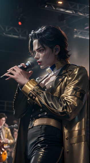 Handsome guy concert?tmasterpiece?8K?high definition resolution?cinmatic lighting?theater?lamplight?perform?cool guy?((microphones:1.5))?Concert?performance?Fashionable clothes?singers?idoly?hyperdetailed face, ((Ultra-detailed)),((Delicate face)),(high light,Gradient hair), com rosto detalhado, Detailed eyes, ??????((Ultra-detailed)),((Delicate face)), Beautiful detailed eyes,GSHea?Look at the viewer, ((Distant view)), Strong light and shadow, Cinema lenses?tmasterpiece?Super quality?theater stage?Handsome guy in leggings sings through microphone on stage,  Wear stage costumes,  singing on stage,Stylish lenses?Handsome guy in gold, Handsome guy with shoulder pads,  wearing black uniform, he is a rockstar,  regal pose, Gold accents, Michael Jackson's style, gilded black uniform