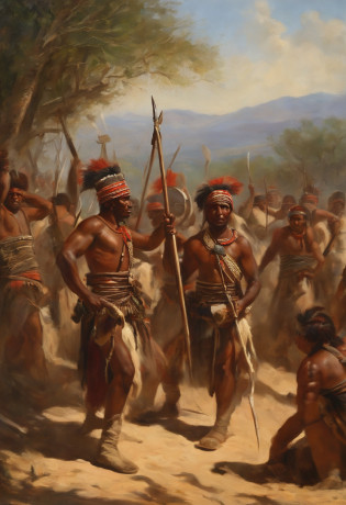 Imagine a striking scene where the Bara warriors, guerrier Malgache dans la brousses de Madagascar. En tenue Tribal malgache,Des gueriers fiers et forts, reviennent victorieux d'une bataille avec un village voisin. Certains portent des lances, symboles de leur bravoure au combat, tandis que d'autres tiennent des fusils artisanaux, a representation of their adaptation to changing times. At the heart of this scene, les guerriers Bara captifs du village ennemi sont clairement mis en avant. They are tied up, marquant leur statut de prisonniers de guerre. Their faces express resignation, frustration and helplessness in the face of their situation. The Bara warriors demonstrate their triumph by exhibiting these defeated captives. The stage is animated by an intense energy. sunlight, symbolisant la victoire, casts striking shadows on this scene, adding to the intensity of the moment