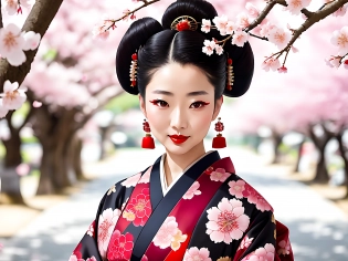 a woman from Japan, dressed in a traditional kimono, her hair styled in an elaborate up-do, adorned with delicate cherry blossoms. Her face is painted with a porcelain-like finish, with bright red lips and black-lined eyes that evoke a sense of mystery and allure.