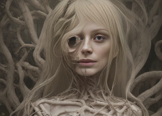 blond woman with a creepy face and a creepy headpiece in front of a tree, portrait of female humanoid, female humanoid creature, tomasz alen kopera and cgsociety, yuri shwedoff and tom bagshaw, stefan gesell, humanoid flora, cgsociety 9, fractal veins. cyborg, intricate wlop, anton semenov