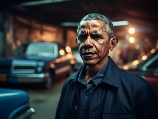 Barack Obama as the Shaft from the 1970's movie, strong facial expression, dark, navy and light black, busy background with old retro cars passing, highly detailed, cinematic lighting, 8k, natural lighting, vibrant colors that pop --v 5 --ar 4:3 --q 4 --s 750
