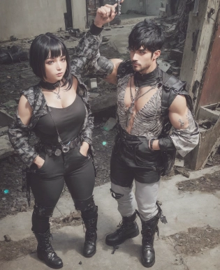 (Canon DSLR, Hasselblad, Nikon, Fujifilm, Kodak, RAW Photo, 300mm lens, ultra-wide angle, outdoors, full body couples portrait, fashion shoot, runway model, professional photo shoot, studio lighting, set in the natural reclaimed ruins of a skyscraper in a post-apocalyptic city, clutter and debris strewn all about, a college aged amateur couple in a casual pose, a boy and a girl who are both emo Caucasian white and norwegian, the girl is an alt girl pawg with a big ass and beautiful thick and round thighs with long wavy white hair hair and thicc and chubby with mascara and eyeliner, hairy armpits, the guy is handsome and muscular with a hipster dyed black haircut, they both look happy and confident, their hands are are in their pockets, :1. 8), (wide hips:0. 95), (natural C cup breasts:1. 1), (freckles, peachfuzz:0. 9), pale white realistic skin, skin pores, (mole:0. 8), looking at viewer, (they are both wearing matching Kryptic Key outfits featuring a hanfu gothic industrial cyberpunk style tunic dyed black fabric color and featuring an asymmetric cut that symbolizes cyberpunk nonconformity:1. 6), (on the elbow length sleeves of the tunic there are vibrant neon embroidery outlines and intricate gothic arches and chest and bicep and back and shoulder padded armor symbolizing doorways to hidden knowledge and divine protection, Across the front of the tunic is a large skeleton key embroidered in vibrant neon threads acting as a cryptic centerpiece:1. 5), (they are also wearing gothic industrial cyberpunk Black skin tight jeans with built in thigh and knee and shin padded armor that looks like an industrial worker's uniform with the hems left raw and having dangling vibrant neon enameled chains and spikes:1. 7), (they are also wearing silver pendants in the shape of a skeleton key on a black silk cord and heavy black boots with visible steel toe tips and vibrant neon enamaled buckles embossed with key shapes:1. 8), (realistic and beautifully detailed eyes:1. 0), (HDR, bokeh, soft black vignette:1. 3), (masterpiece:1. 1), (intricate details:1. 1), (300mm, wide angle, Raw photo:1. 1), masterpiece, <lora:LowRA:0. 2>, <lora:detailmaker:0. 7>, <lora:Sharpness_Tweaker_V3:0. 17>, <lora:Saturation_Tweak:0. 2>, <lora:Brightness_Tweak:0. 1>, <lora:FilmG3:0. 1>