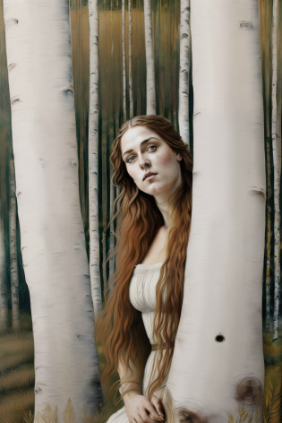 (((Painting of Pre-Raphaelite woman made of white birch trunk, tree-woman, cabelo de folhas amarelas, Mata dos Vidoeiros, tonalidade  outonal. Eye and eyebrows on birch trunk,  