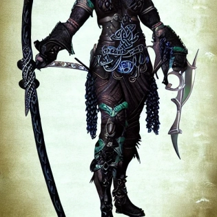 octane rendering of a female celtic warrior designed by Brom, blue leather with intricate silver filigree, dark and mysterious background --v 4