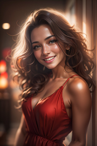 The Arad woman in a red dress smiled at the camera, Soft portrait shot 8 K, 8K Artgerm bokeh, Beautiful young woman, beautiful portrait lighting, beautiful and smiling, Bokeh top cinematic lighting, Beautiful girl portrait, portrait shooting, Gorgeous woman, elegant smiling pose, young beautiful woman, A beautiful young woman, Portrait photo of a beautiful, cute seductive smile
