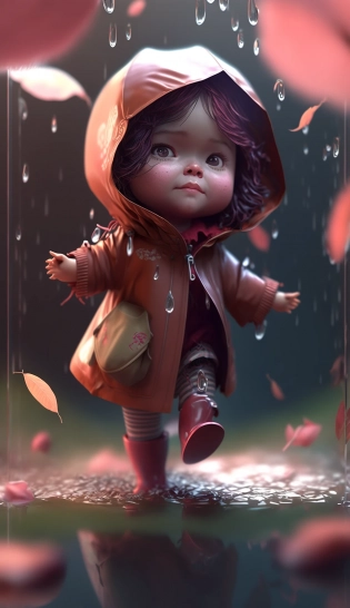 whimsical character design 3d octane render, wide shot, chibi extremely cute little girl doll jumps in puddle, beautiful scenery, under wisteria tree, red rain boots, big eyes, award winning, hypermaximalist, octane render, volumetric lighting, detailed --ar 9:16 --s 1000
