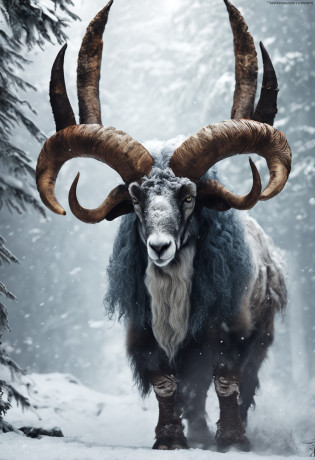 Fierce and powerful magic ram like an enemy dungeon boss of RPG, a large and strong beast ram animal creature?Horns as thick and powerful as Papamut Like a white mammoth A furry ram Powerful creatures in the snow forest in a snowstorm Medieval art Cosplay art
