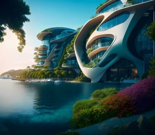 masterpiece, waterfront community nestled along the coast, eco building full of outdoor plants , Futuristic vision 1. 3, vibrant photographic film | depth of field | ultrarealistic texture | Vibrant contrast to enhance the elements