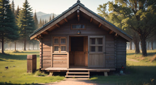 RAW, style, a 60's cabin, made of wood, a window and a door, in the middle of short grass. The background should be neutral and simple, allowing the hut to be the focal point of the image. Please pay close attention to details, such as highlights and shadows, to create a realistic and realistic image. Try different lighting techniques to improve the mood and atmosphere of the portrait. The final product should be a masterpiece that captures the essence and beauty of the hut, ((highly detailed wood, wood details)), sharp focus, volumetric mist, 8k UHD, DSLR, high quality, film grain, Fujifilm XT3, whole hut. --auto