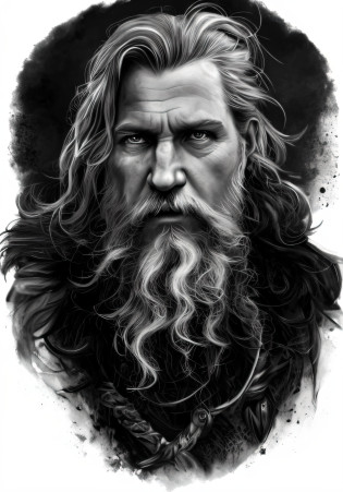 um desenho de um homem com uma espada e uma barba, Retrato pintado de Odin acidentado, Norse God, Retrato de um viking, Viking Bom, epic digital art illustration, viking warrior illustration, by Hristofor �efarovi?, retrato masculino do deus svarog, ???, barba grisalha, Retrato Zeus, Epic portrait illustration, cara de mal, saindo raio, navio viking