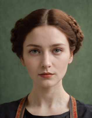 Color photo of a woman wearing a long apron, style of Felix Vallotton, intense gaze, ultra-fine detail, lithography, dramatic, somber religious work, luminous portrait