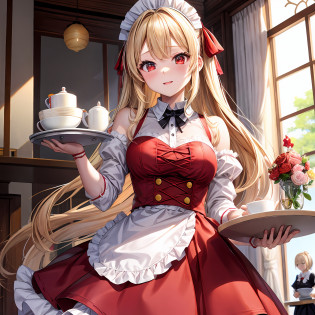 a blond?red�eyes?One pretty girl????animesque?maid clothes?off shoulders?waitresses?tray